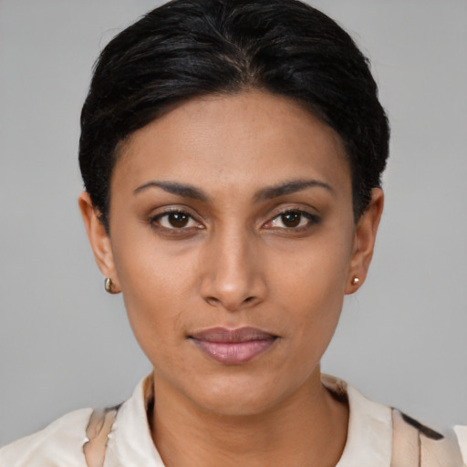 Neutral asian young-adult female with short  brown hair and brown eyes