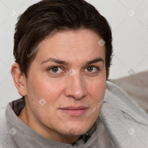 Joyful white adult female with short  brown hair and brown eyes