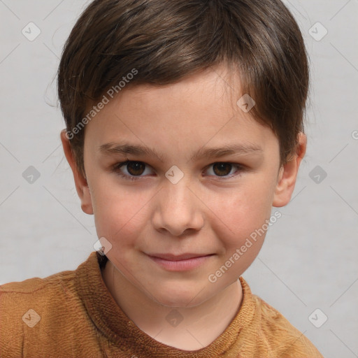 Joyful white child male with short  brown hair and brown eyes