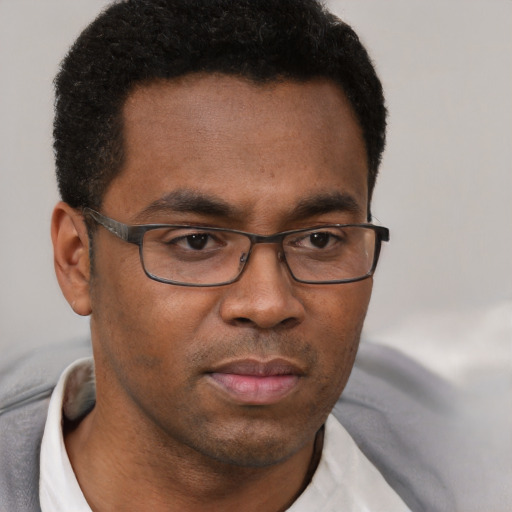 Neutral black adult male with short  brown hair and brown eyes