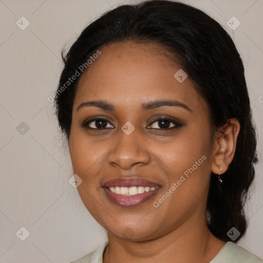 Joyful black young-adult female with medium  brown hair and brown eyes