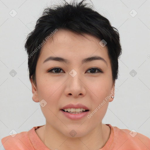 Joyful asian young-adult female with short  brown hair and brown eyes