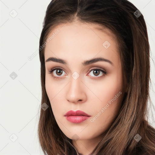 Neutral white young-adult female with long  brown hair and brown eyes