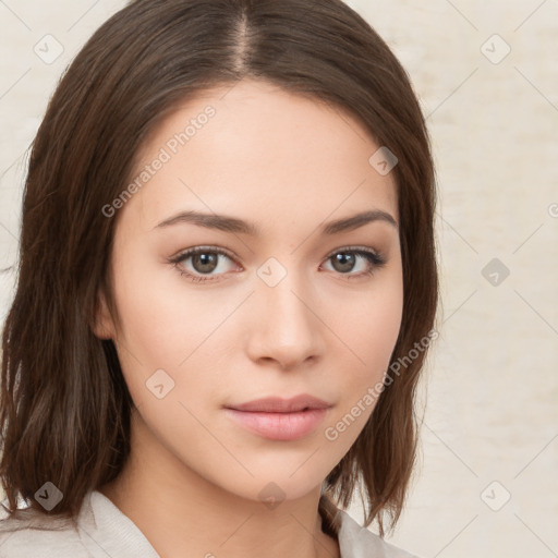 Neutral white young-adult female with medium  brown hair and brown eyes