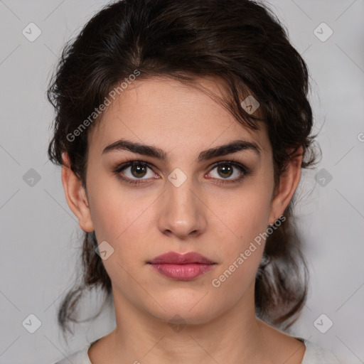 Neutral white young-adult female with medium  brown hair and brown eyes