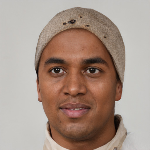 Neutral black young-adult male with short  black hair and brown eyes