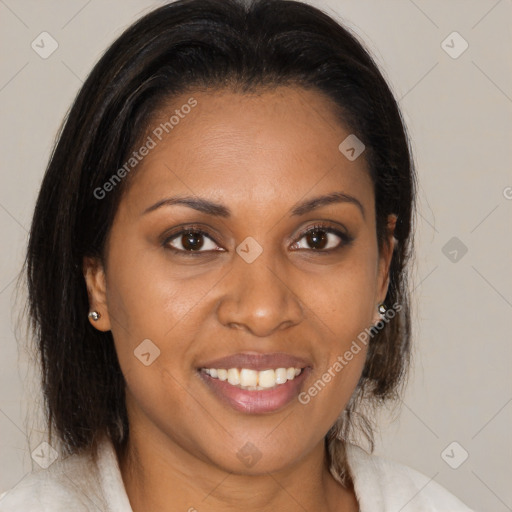 Joyful latino young-adult female with medium  brown hair and brown eyes