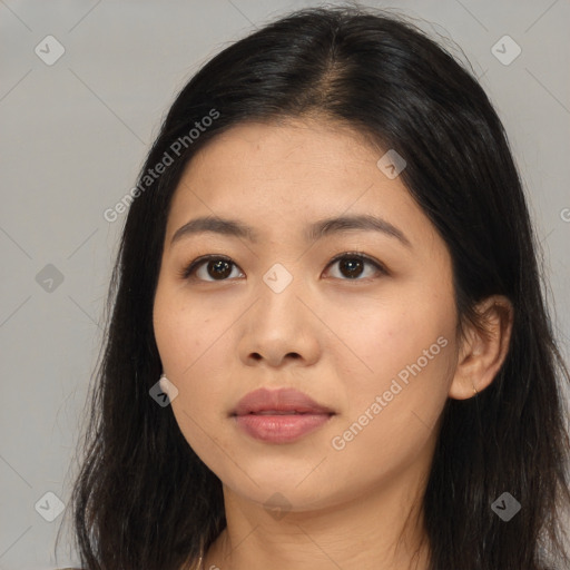 Neutral asian young-adult female with long  brown hair and brown eyes