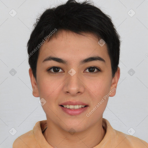 Joyful asian young-adult female with short  brown hair and brown eyes