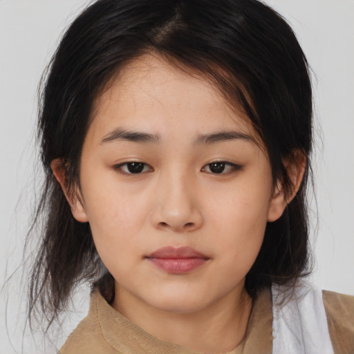 Neutral asian young-adult female with medium  brown hair and brown eyes