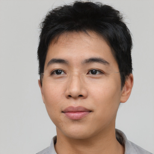 Neutral asian young-adult male with short  black hair and brown eyes