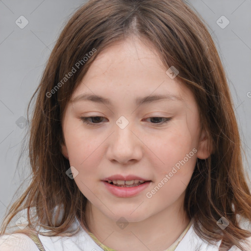 Joyful white child female with medium  brown hair and brown eyes