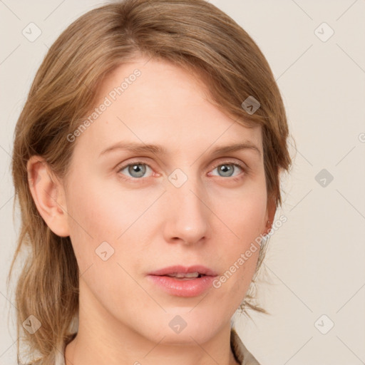 Neutral white young-adult female with medium  brown hair and blue eyes