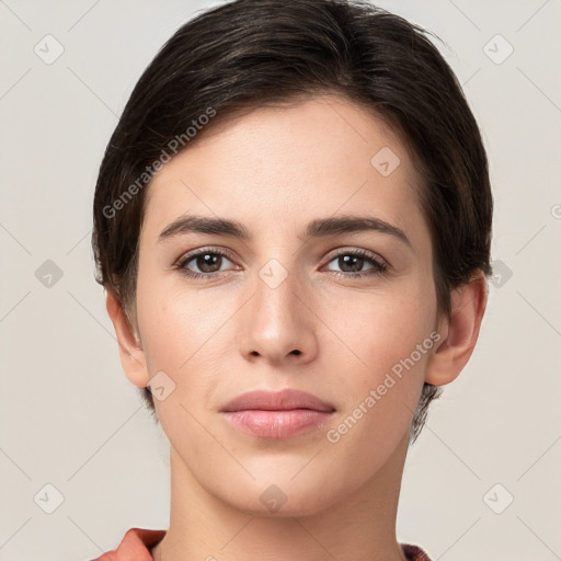 Neutral white young-adult female with short  brown hair and brown eyes