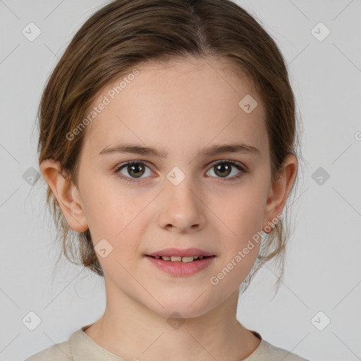 Joyful white child female with medium  brown hair and brown eyes