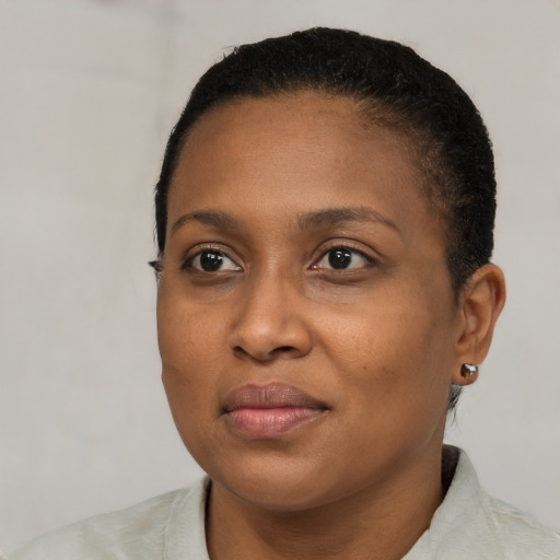 Joyful black young-adult female with short  black hair and brown eyes