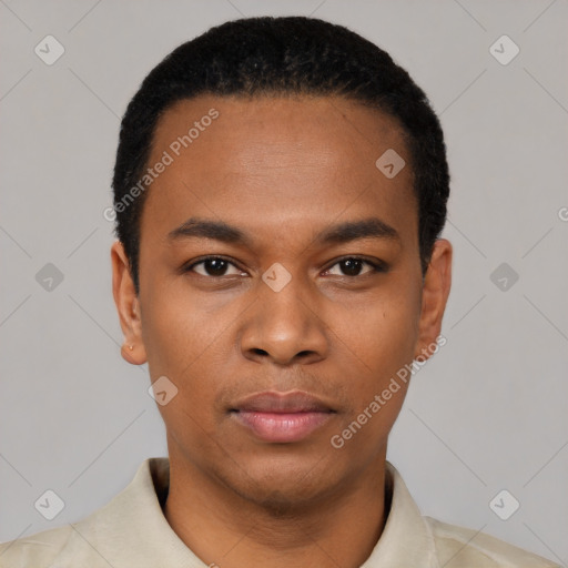 Neutral black young-adult male with short  black hair and brown eyes