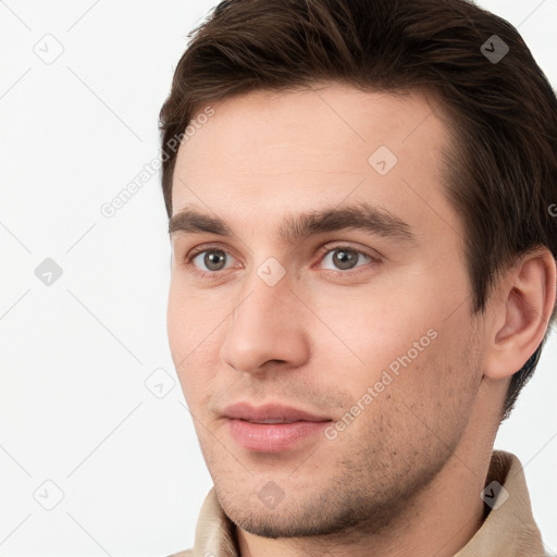 Neutral white young-adult male with short  brown hair and brown eyes