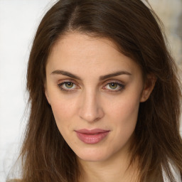 Joyful white young-adult female with long  brown hair and green eyes