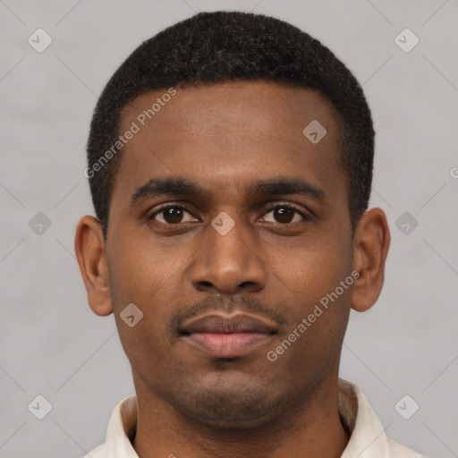 Neutral latino young-adult male with short  brown hair and brown eyes