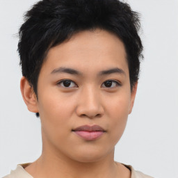 Neutral asian young-adult female with short  brown hair and brown eyes