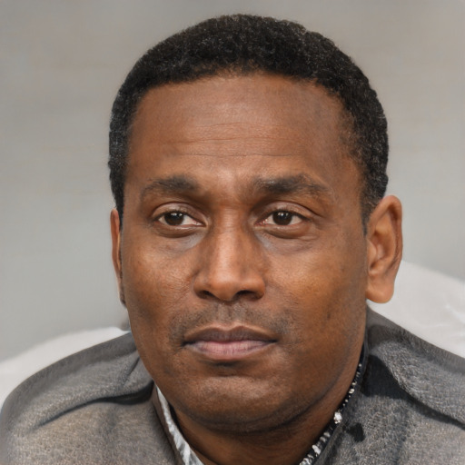 Neutral black adult male with short  black hair and brown eyes
