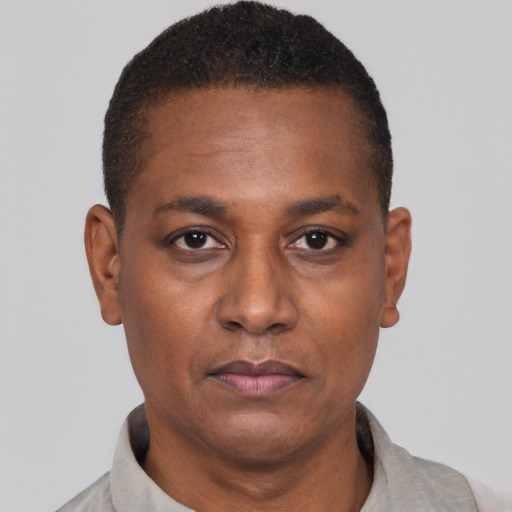 Neutral black adult male with short  brown hair and brown eyes