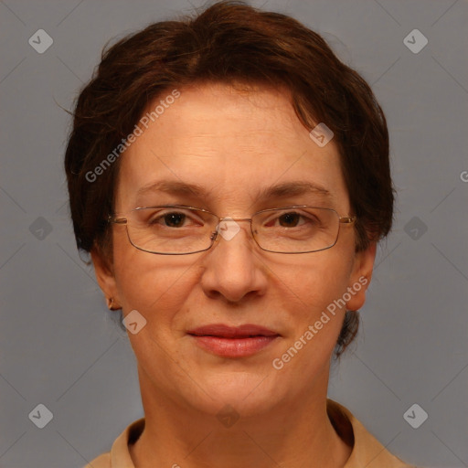 Joyful white adult female with short  brown hair and brown eyes