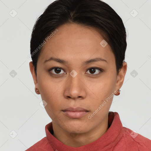 Neutral white young-adult female with short  brown hair and brown eyes