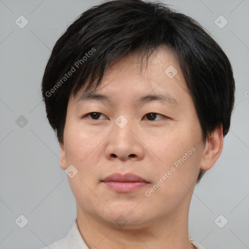 Neutral asian young-adult male with short  brown hair and brown eyes