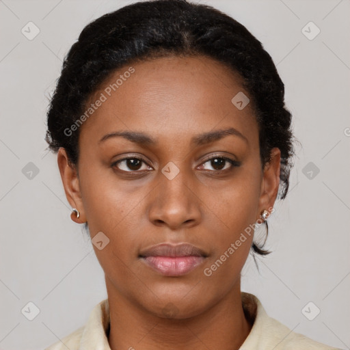 Neutral black young-adult female with short  brown hair and brown eyes