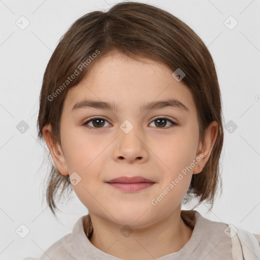 Joyful white child female with medium  brown hair and brown eyes