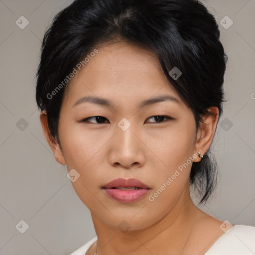 Neutral asian young-adult female with short  black hair and brown eyes