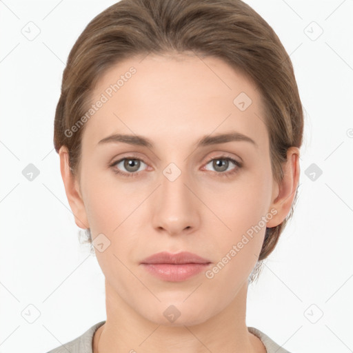 Neutral white young-adult female with short  brown hair and brown eyes