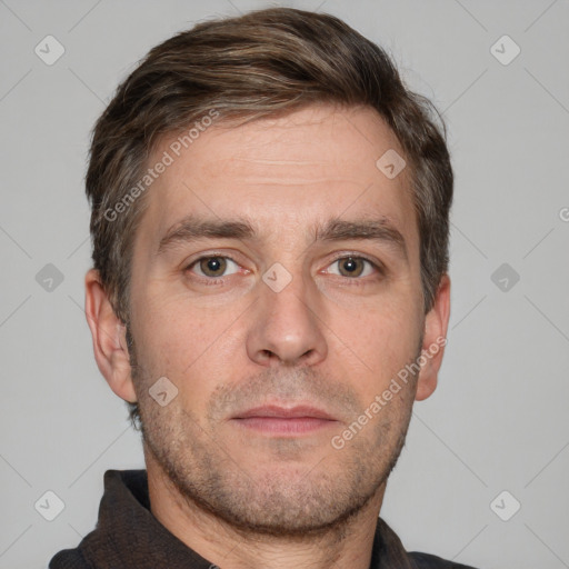 Neutral white adult male with short  brown hair and brown eyes