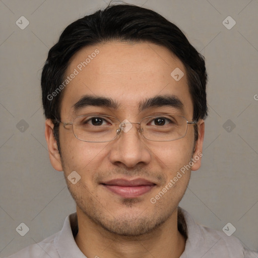 Joyful white young-adult male with short  black hair and brown eyes