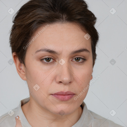 Neutral white young-adult female with short  brown hair and brown eyes