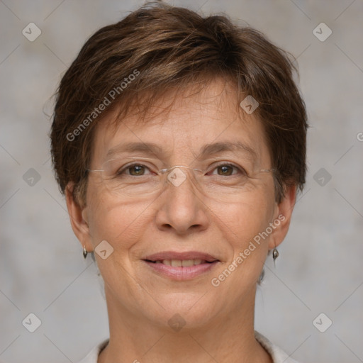 Joyful white adult female with short  brown hair and brown eyes