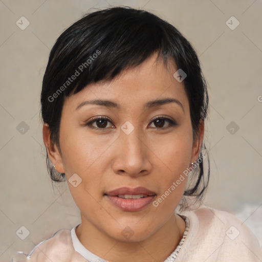 Joyful asian young-adult female with medium  brown hair and brown eyes