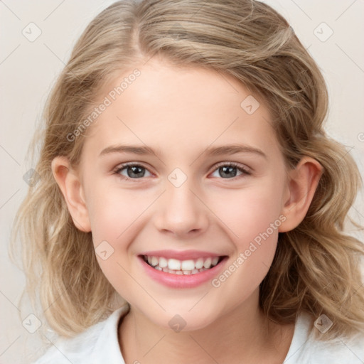 Joyful white child female with medium  brown hair and brown eyes