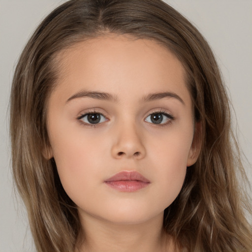 Neutral white child female with long  brown hair and brown eyes