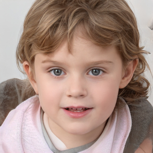 Joyful white child female with medium  brown hair and grey eyes