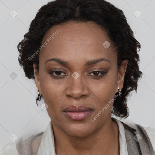 Joyful black adult female with long  brown hair and brown eyes