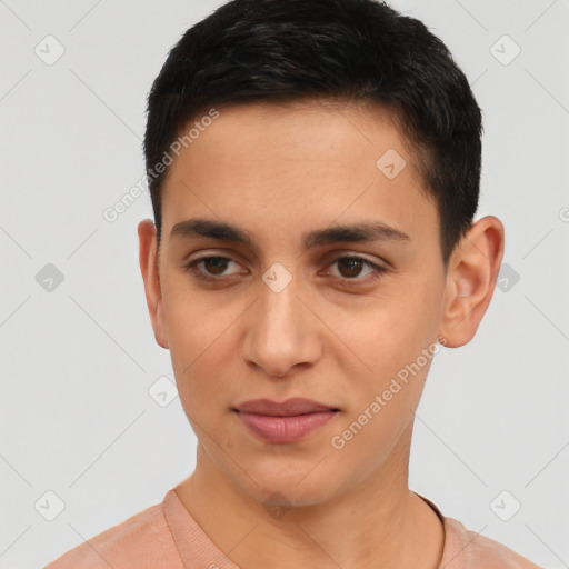 Joyful latino young-adult male with short  black hair and brown eyes