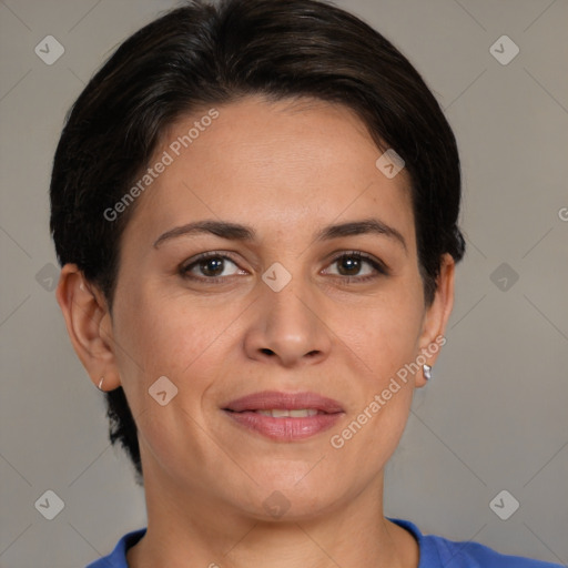 Joyful white adult female with short  brown hair and brown eyes