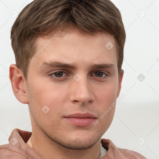 Neutral white young-adult male with short  brown hair and grey eyes