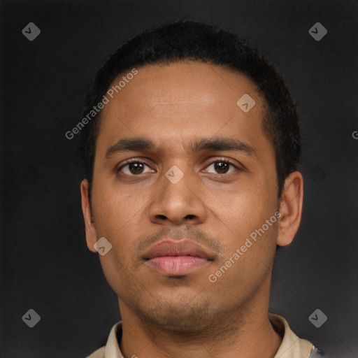 Neutral latino young-adult male with short  black hair and brown eyes