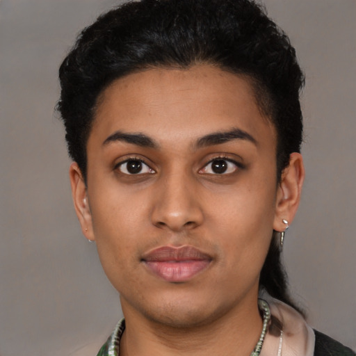 Neutral latino young-adult female with short  black hair and brown eyes