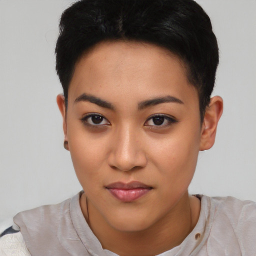 Neutral asian young-adult female with short  brown hair and brown eyes