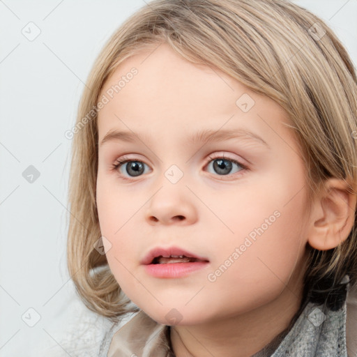 Neutral white child female with medium  brown hair and blue eyes